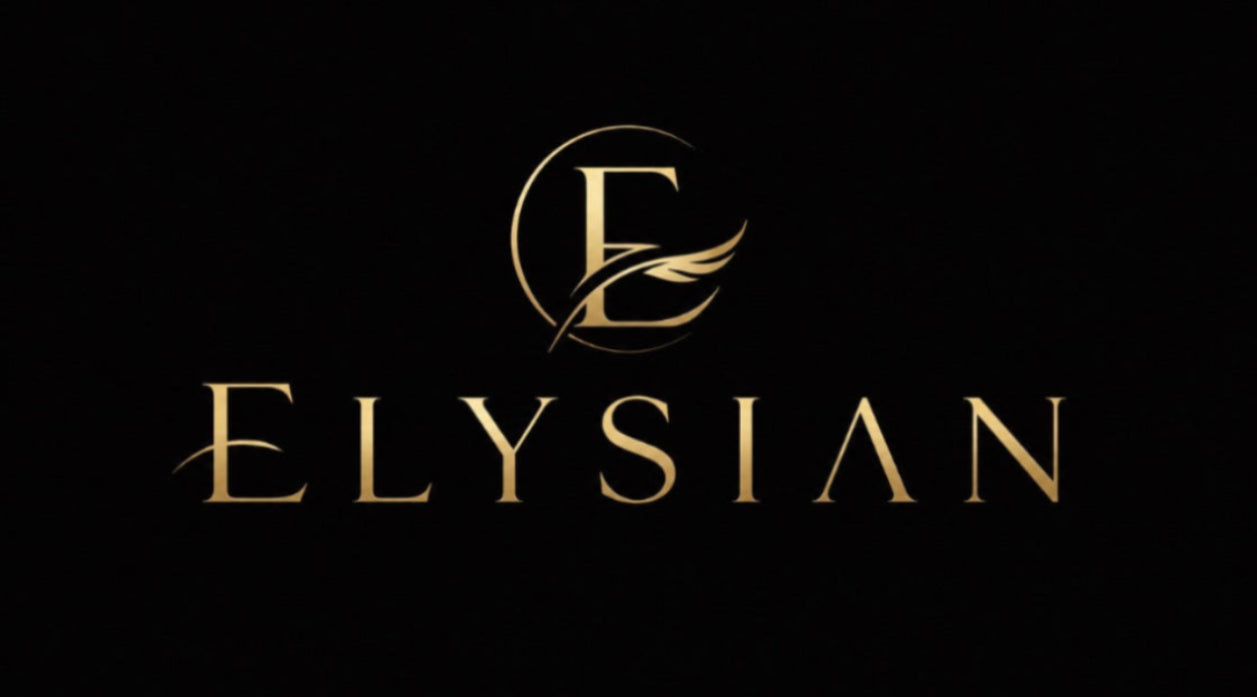 Elysian logo in gold on a black background